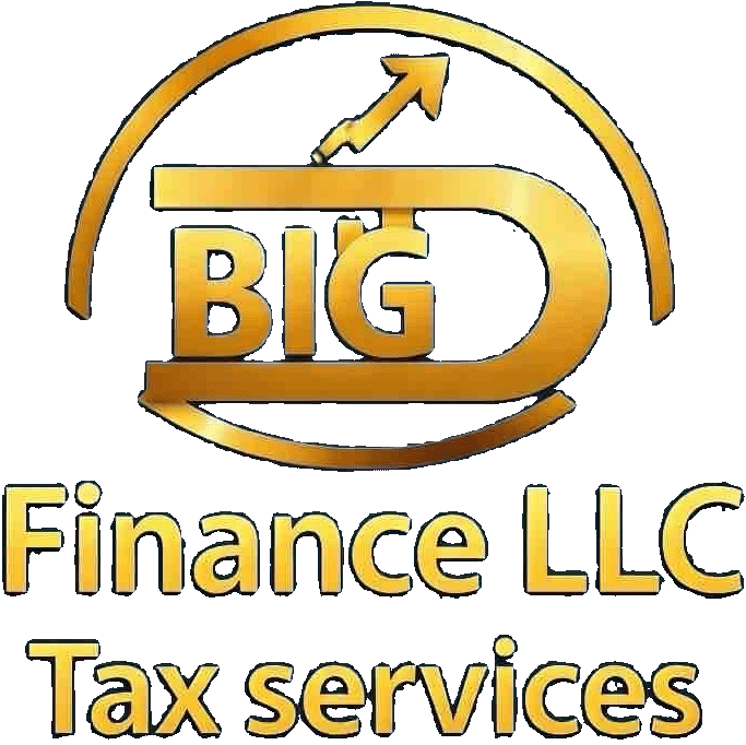 Gold logo with the words "BIG D Finance LLC Tax services" and an upward arrow incorporated into the design.